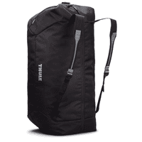 A black Thule GoPack 28 Cargo Duffel with mid blue accents and shoulder straps. Features a logo.