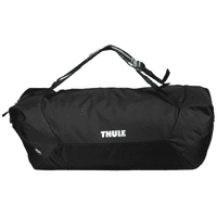 A black cargo duffel bag with mid blue accents and a branding logo on the front.