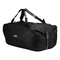 A black duffle bag with mid blue accents and a branding logo, featuring adjustable shoulder straps.