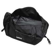 A duffel bag in black with a mid blue accent, featuring a spacious interior and a logo.