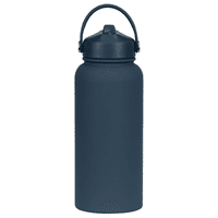 A drink bottle in a matte navy colour with a handle and a screw-top lid, featuring a logo.