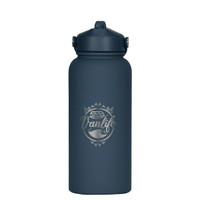 A drink bottle with a rubber-coated finish in dark blue, featuring a logo and a secure top cap.
