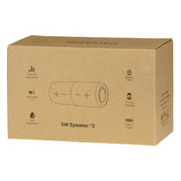 A brown cardboard box containing a Breakaway Bluetooth speaker, featuring a logo and illustrations of its features.