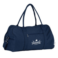 A navy duffel bag with a shoulder strap and logo, featuring a zippered pocket on the front.
