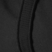 Close-up of a black duffel bag featuring textured fabric and sturdy stitching along the strap.