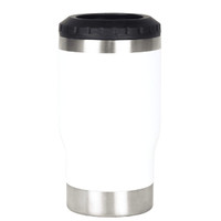 A drink bottle featuring a white body and a black lid, made from stainless steel. It has a logo visible on the surface.