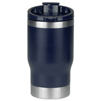 A drink bottle featuring a navy finish with a stainless steel base and a removable lid, including a logo.