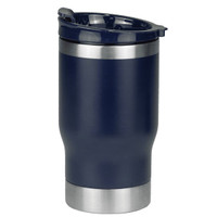 A drink bottle in navy blue with a stainless steel base, designed as a 2-in-1 tumbler cooler. Features a logo.