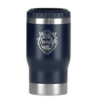 A drink bottle in navy blue with a stainless steel base and a logo featuring a van and mountains.