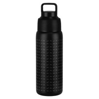 A drink bottle in black with a textured surface, featuring a handle and a logo. Holds 750ml of liquid.