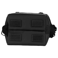 A cooler bag in black with textured panels and an adjustable strap, featuring a logo on the side.