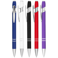 A collection of Talara Click Action Ballpoint Pens in blue, white, black, red, and purple with silver accents.