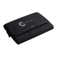 A black laptop caddy with a zip closure and a logo on the front, designed for storing laptops and accessories.