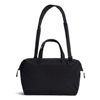 A black duffel bag with dual top handles and a detachable shoulder strap, featuring a logo.