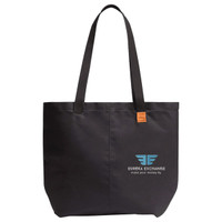 A black tote bag with long handles, featuring a logo on one side and a leather tag.