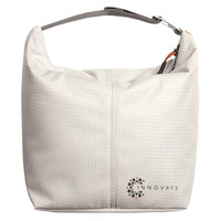 A light grey cooler bag with a textured surface and an adjustable strap, featuring a logo on the front.