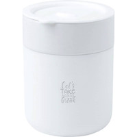 A ceramic tumbler in white with a silicone wrap, featuring a lid and a logo.