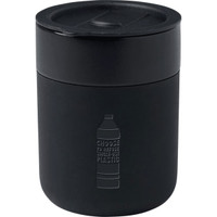 A black ceramic tumbler with a silicone wrap and a lid, featuring a simple logo.