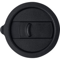 A black lid for a drink bottle, featuring a sliding closure and a textured grip. It has a circular design.