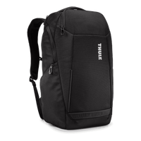A black backpack with a structured design, featuring padded shoulder straps and a logo.