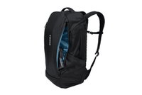 A black backpack with a zippered front pocket and blue interior, featuring adjustable straps and a logo.