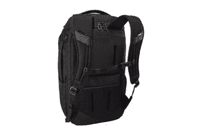 A black backpack with multiple compartments, padded straps, and a logo on the front.