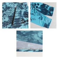 A sublimated men's pullover in shades of blue with a honeycomb pattern and a zippered collar. Features stitching details and branding.