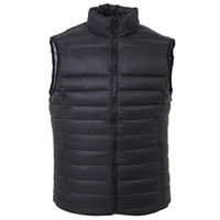 A black puffer vest with a high collar and zip closure. Features a quilted design. Includes branding.