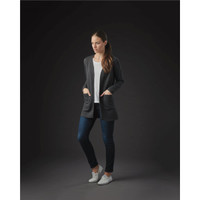 A model wearing a charcoal grey women's Chelsea open cardigan over a light top and dark jeans, featuring pockets.