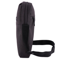 A dark grey shoulder bag with a shoulder strap and a side zipper, featuring a logo. Ideal for laptops and accessories.