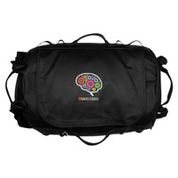 A black duffel bag with a colourful brain graphic and logo, featuring multiple handles and a zipper closure.