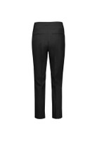 A pair of black women's slim leg pants with a mid-waist design, featuring a smooth back with two pockets and a logo.