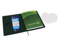 A green portfolio featuring a notebook and sticky notes, with a logo present on the cover.