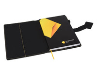 A black portfolio with a yellow accent, featuring a logo, and an open inner section for documents.