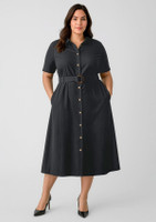 A women's midi dress in dark grey with short sleeves, a button-down front, and a belted waist. Features a logo.