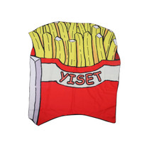 A custom-shaped beach towel featuring a large graphic of fries in red and yellow colours, with a logo on it.