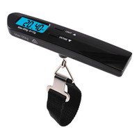 A black digital luggage scale with a blue display and a strap for weighing luggage up to 50 kg.