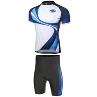 Cycling team wear featuring a short-sleeve jersey with blue and white swirls and matching black shorts. Includes a logo.