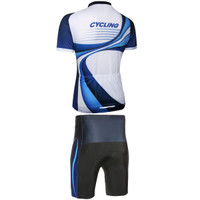 A cycling uniform featuring short sleeves, predominantly blue and white with a flowing design, includes matching shorts.