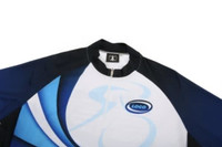 A sports jersey in blue and white with a design and a logo on the front. It features a zip and a stand-up collar.