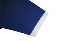A navy blue cycling jersey featuring a white cuff at the sleeve and a logo.