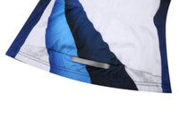 A cycling jersey in blue and white featuring a sleek design and a logo, suitable for sports teams.