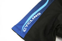 A black cycling jersey featuring blue accents and a logo, designed for sports team wear.