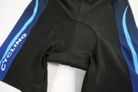 A pair of cycling shorts in black with blue accents and a logo, designed for sports team wear.