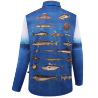 A blue fishing polo featuring various fish illustrations on the back, with long sleeves and a collar.