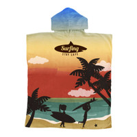 A 100% cotton surf poncho towel in gradient blue and orange, featuring a coastal design with silhouettes of surfers.