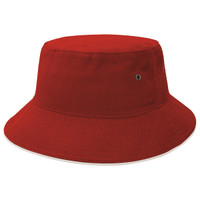 A red Sandwich Brim Bucket Hat with a wide brim and ventilation eyelets. Features a branded logo.