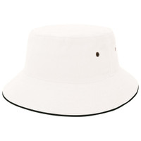 A white bucket hat with a wide brim and a contrasting black edge, featuring small ventilation holes.