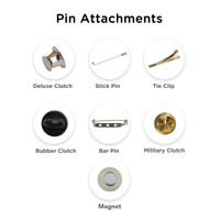 Various pin attachments displayed including deluxe clutch, stick pin, and magnet, featuring silver, gold, and black colours.