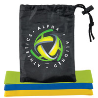 A drawstring pouch with a logo, containing three resistance bands in green, yellow, and blue.
